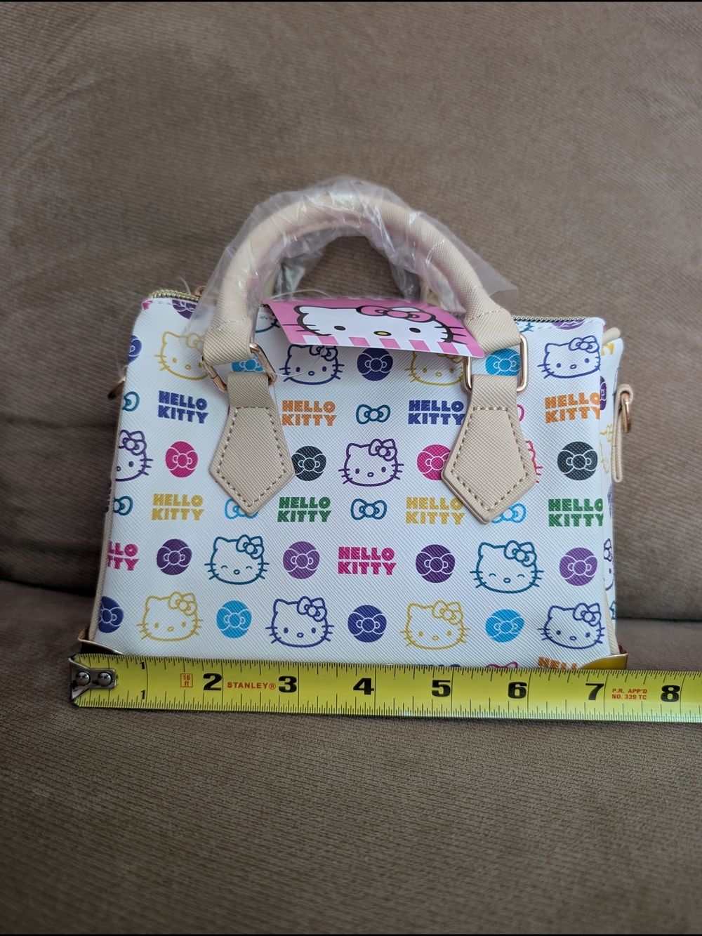 Hello Kitty Multicolor Mini Crossbody Bag w/Metal Feet Beige Trim Sanrio Gift - Picture 5 of 8